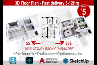 convert 2d to 3d floor plan in 8hrs