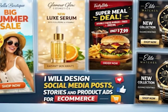 create designs for social media posts, stories, and product ads for ecommerce
