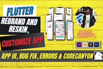 reskin, customize, rebrand, bug fix, codecanyon and custom apps in flutter