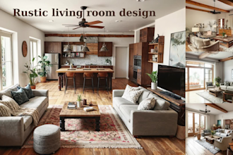 design and render your rustic or scandinavian living room and kitchen