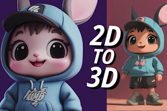 design cute chibi 3d character modeling animal, cartoon, 2d to 3d mascot