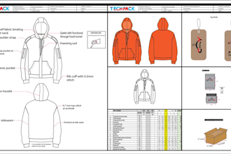 design fashion tech pack, flat sketch, size chart and size guide