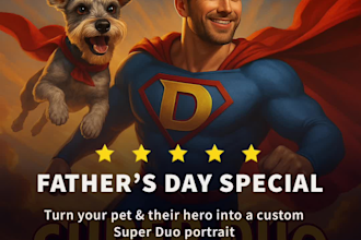 create a custom superhero portrait of your pet and their favorite dad