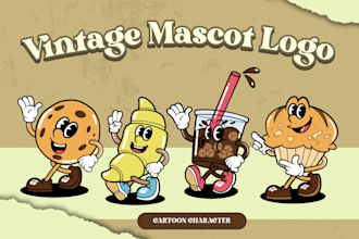 create retro vintage logo cartoon character mascot in handdrawn style