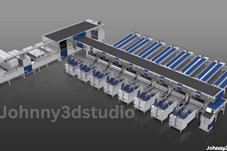 create 3d industrial warehouse animation, 3d conveyor belt production line video