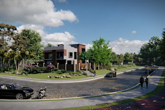do building exterior, realistic render, 3d, pool render, pickleball court