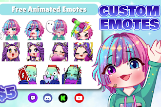 make cute twitch emotes, sub badges, animated for vtuber, discord, youtube, kick