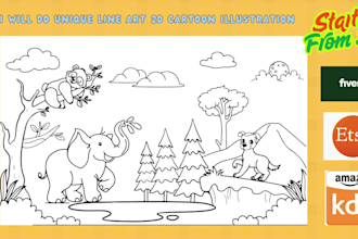 do unique line art 2d cartoon illustration