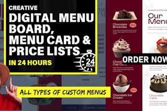 design digital menu board, menu card or price list in 24 hrs