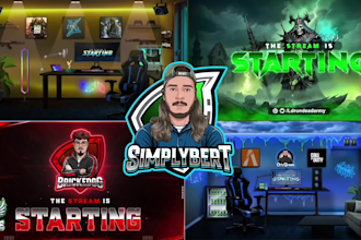 design starting soon screen, animated twitch stream overlay, gaming logo intro