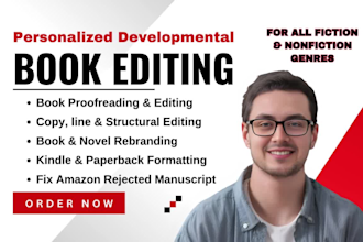 rewrite novel, proofread, format book, developmental edit, line and copy editor