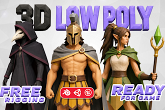 create 3d low poly character modeling, rigging, and animation for game asset