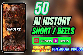 create 50 ai history youtube shorts, ai history shorts, ai shorts and ai reels