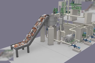 create 3d industrial recycling process and 3d paper mill animation video