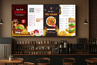 design animated or static tv screen food menu for restaurant and cafe