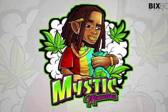 draw mascot cartoon logo, cartoon character product weed, cannabis, marijuana