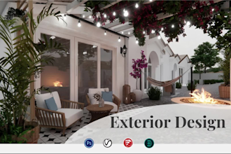 design an architectural exterior, landscape, patio, balcony, backyard, interior