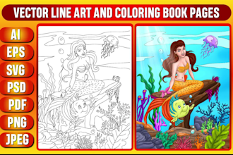 illustrate black and white line art and coloring book pages