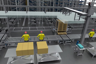 create 3d industrial warehouse automation,  3d factory animation production line