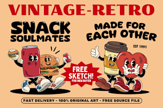 draw vintage cartoon character, retro mascot logo illustration for tshirt design