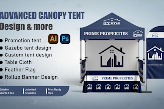 design canopy tent, flags, roll up banner and tablecloth