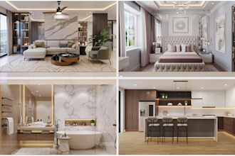 design luxury 3d interiors for kitchen, bathroom and living room and render