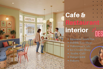 design professional restaurant, cafe, kiosk, and bakery interior with 3d layout