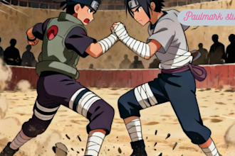 create 2d anime fighting scene, 2d music video, japanese anime style