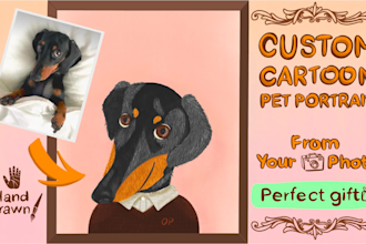 draw a cute cartoon pet portrait, custom dog or cat illustration