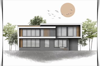 render and illustrate architectural elevation in photoshop
