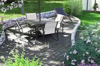 design a backyard landscape, pool, patio, and garden with realistic renders