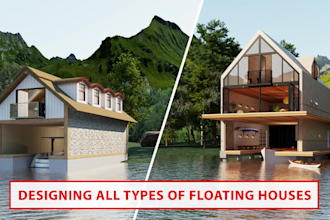 design floating house,beach house,dock house,  beach hotel and rendering 3d