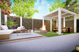 do terrace, backyard, landscape, garden and pool with render