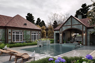 design backyard landscape, pool, garden, patio and fire pit