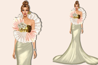 draw fashion illustration or sketch, wedding dress design