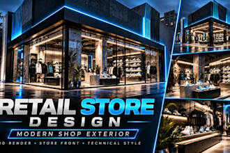 create retail store design, shop interior and exterior with 3d renders