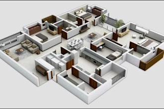 do 3d floor plan, interior and exterior, model in sketchup