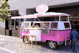 do 3d render of coffee kiosks, container cafes, vehicles, and restaurants