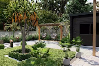 design  landscape, backyard, frontyard, garden, patio, and 3d rendering