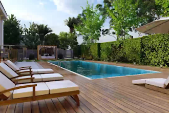 design landscape, backyard, pool, terrace, garden and patio