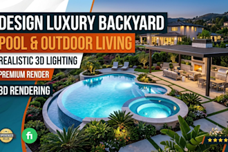 design backyard, pool and outdoor living space with realistic 3d lighting render