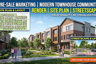 render 3d townhouse community, site plan and aerial render for pre sale
