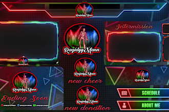 design animated twitch stream overlay, kick, twitch logo, panels alerts screens