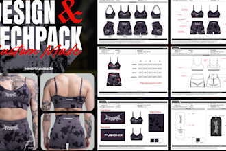 design activewear techpack with technical drawing and flat sketch
