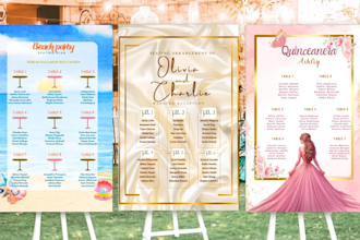 design seating chart, place cards and welcome sign