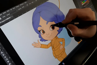 create 2d character design concept, sketch, flat color, render