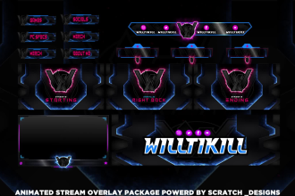 create animated twitch, kick overlay, logo, screens, alerts, kick stream package