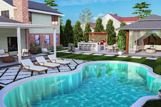 design backyard landscape with pool, garden and realistic 3d rendering