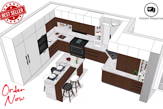 design kitchen interior design layout, and 3d rendering