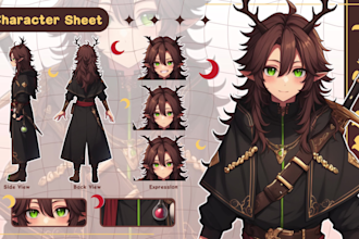draw character design reference sheet in anime style for oc, vtuber model, dnd